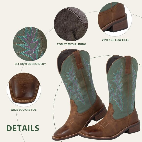 SheSole Womens Turquoise-brown Wide Calf Square Toe Western Fashion Cowgirl Boot - Picture 2 of 9